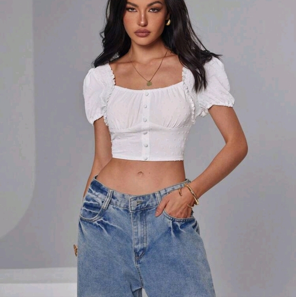 Women's Square Neck Elegant French Romantic Fit Textured Cute Puff Sleeve Croppe - Picture 3 of 4